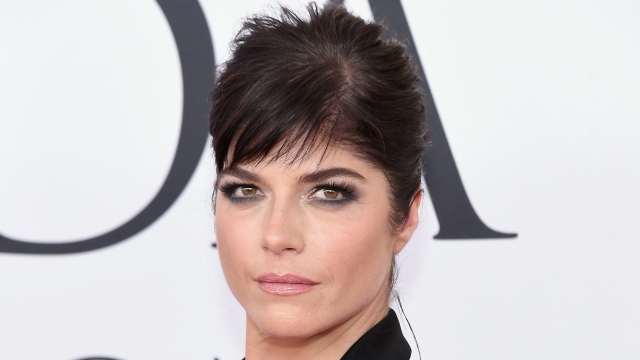 Selma Blair poses on a red carpet in a black dress with her dark hair pulled back.
