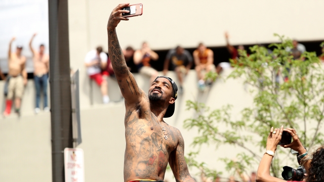 J.R. Smith celebrating at the Cleveland Cavaliers NBA Championship parade.