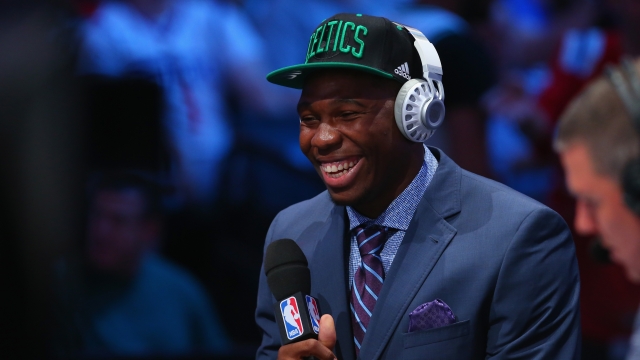 Guerschon Yabusele smiles during his interview after being drafted by the Boston Celtics in the first round of the NBA Draft.