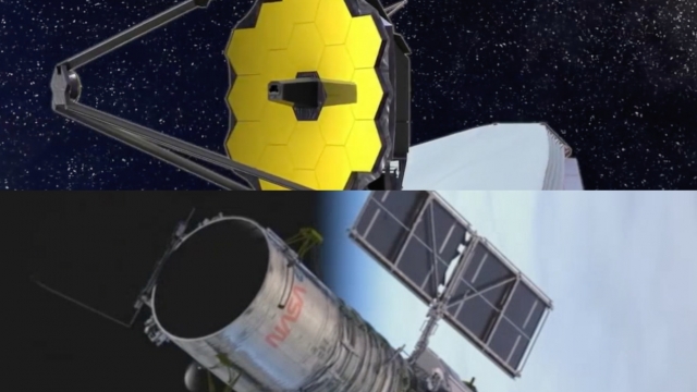 Renderings of the James Webb and Hubble Space telescopes.