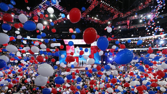 Red, white and blue balloons fall from the ceiling at the 2012 Republican National Convention.