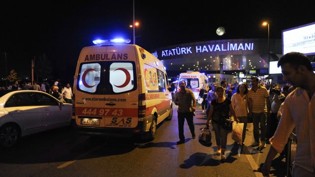 An ambulance outside Ataturk Airport in Istanbul after explosions inside the terminal.