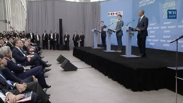 President Peña Nieto, Prime Minister Trudeau and President Obama speak at a press conference in Canada.
