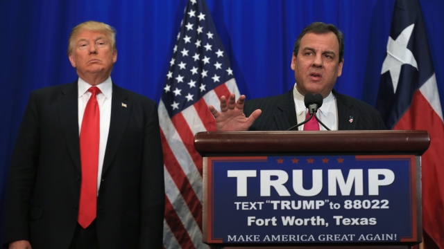 New Jersey Governor Chris Christie behind a lectern as he announces support for GOP presidential candidate Donald Trump.
