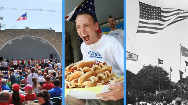 A split screen of Fourth of July celebrations in Seward, Nebraska, and Denmark and the Coney Island hotdog eating contest.