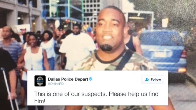 Dallas Police Department tweet with a photo of Mark Hughes and words: "This is one of our suspects. Please help us find him!"