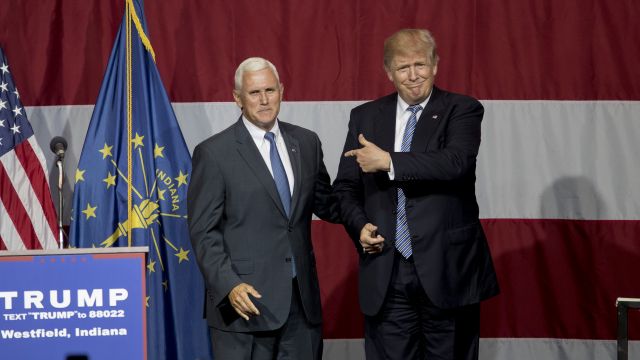 Donald Trump and Mike Pence appear on stage in Westfield, Indiana.