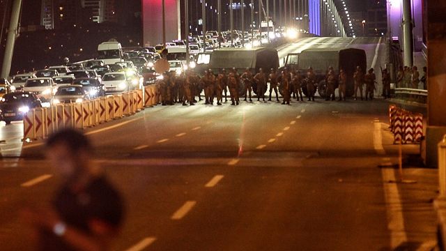 Turkish soldiers block Istanbul's Bosphorus Bridge.