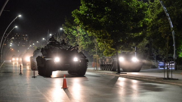 Turkish army tanks move in the main streets in the early morning hours of July 16, 2016 in Ankara, Turkey.