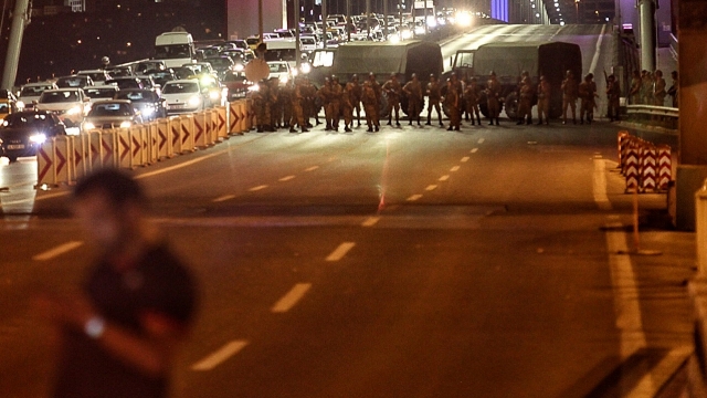 Turkish Military blocking off the Bosphorus Bridge in Turkey during an attempted coup.