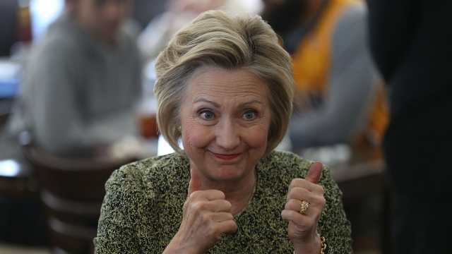 Hillary Clinton shows two thumbs up during a campaign event during the primary.