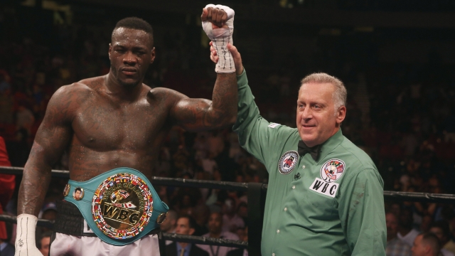 WBC World Heavyweight Champion Deontay Wilder is announced the winner in his fight against Chris Arreola on July 16, 2016.