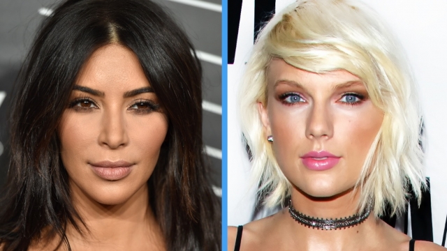 A side-by-side photo of Kim Kardashian and Taylor Swift.