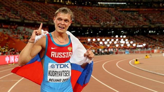 Silver medalist Denis Kudryavtsev of Russia celebrates after the Men's 400 metres hurdles.