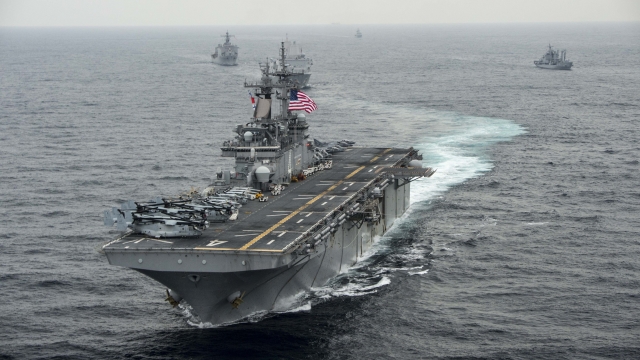The amphibious assault ship USS Boxer (LHD 4) transits the East Sea on March 8, 2016 during Exercise Ssang Yong 2016.