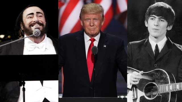 Photos of Luciano Pavarotti, Donald Trump and George Harrison side by side.