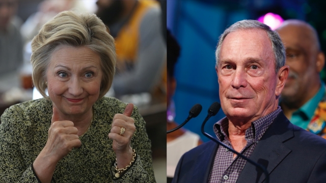 Hillary Clinton gives a thumbs up in one photo next to another photo of Michael Bloomberg at a microphone