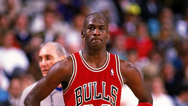Michael Jordan #23 of the Chicago Bulls looks on during the game. Mandatory Credit: Ken Levine /Allsport