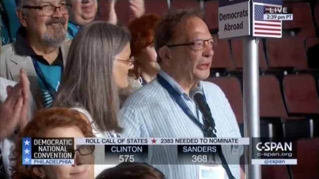 Larry Sanders votes for his younger brother, Sen. Bernie Sanders at the Democratic National Convention.