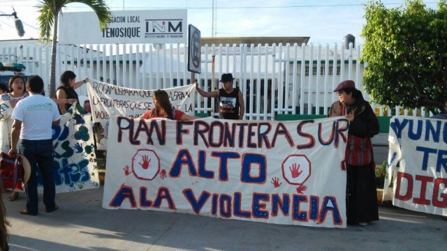 People from migrant shelter La 72 in Tenosique, Mexico, protest the Southern Border Program.