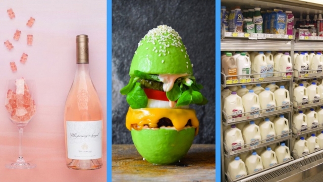 A photo collage of Sugarfina wine-infused gummy bears, a burger with an avocado bun and gallons of milk at a store.
