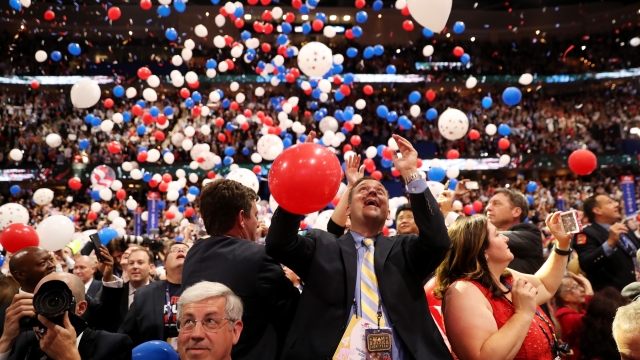 Balloons fall on the crowd at the 2016 Democratic National Convention.