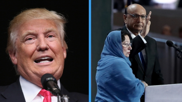 Donald Trump in front of a microphone next to a photo of Ghazala and Khizr Khan at a lectern at the 2016 DNC