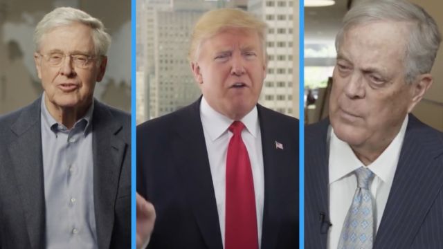 Charles Koch, Donald Trump and David Koch in three separate photos