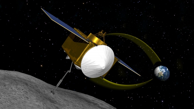 An illustration of OSIRIS-REx on Bennu asteroid with Earth in the background