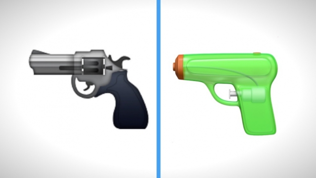 Side-by-side images of Apple's pistol and squirt gun emoji.