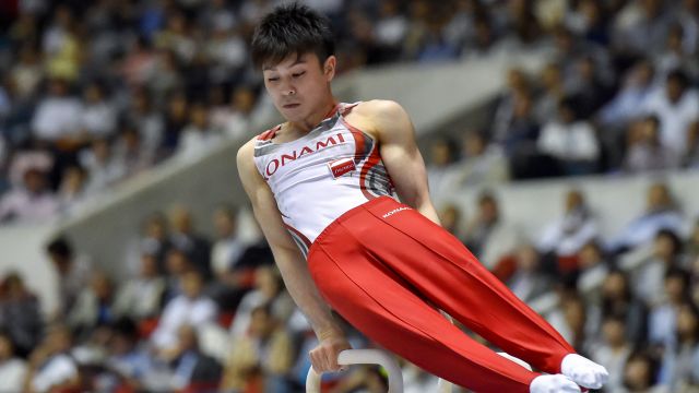 Kohei Uchimura competes on the pommel horse during the Artistic Gymnastics NHK Trophy in Tokyo.
