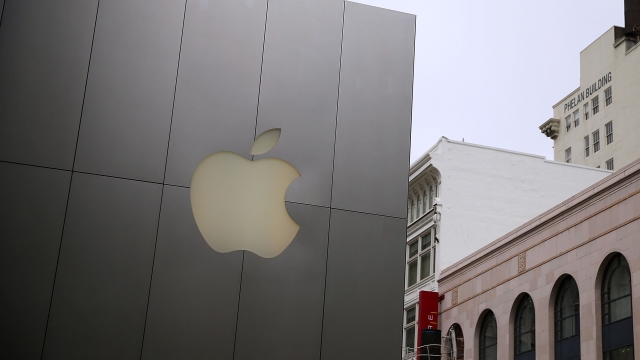 An Apple logo on the side of an Apple store in California.