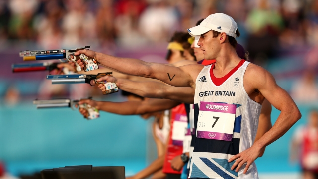 Nicholas Woodbridge of Great Britain competes in the Men's Modern Pentathlon at the 2012 London Olympics.