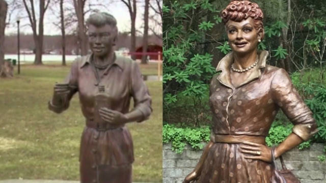 Side-by-side photos of the 'Scary Lucy' statue and the new Lucille Ball statue in a park in Celoron, New York