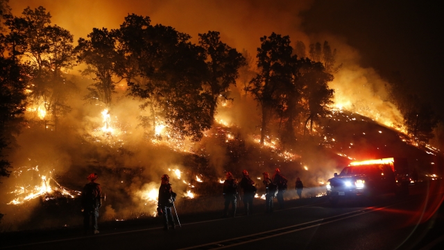 Firefighters work to contain the Valley Fire in Lake County, California.