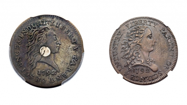 Photos of the Birch cent and silver center cent that sold at auction for a combined $869,500.