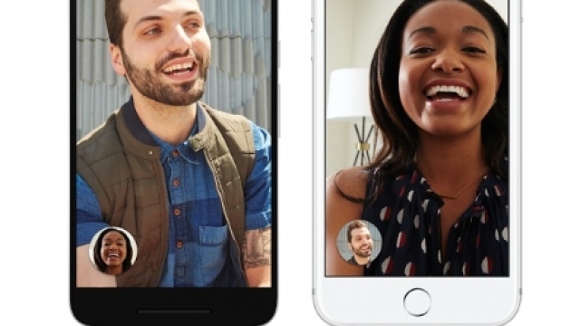 Two smartphones, one with a man on the screen, one with a woman, are side-by-side. They are video calling with each other.