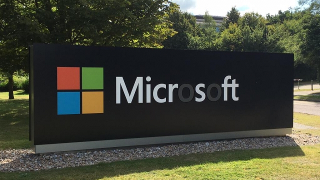 Photo of Microsoft U.K.'s sign, which is missing the letter O to support the #MissingText campaign.