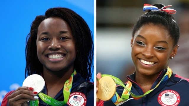 Images of Olympians Simone Manuel (left) and Simone Biles (right).