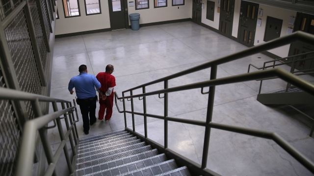 A guard escorts an immigrant detainee from his "segregation cell" back at the Adelanto Detention Facility in Adelanto, Calif.