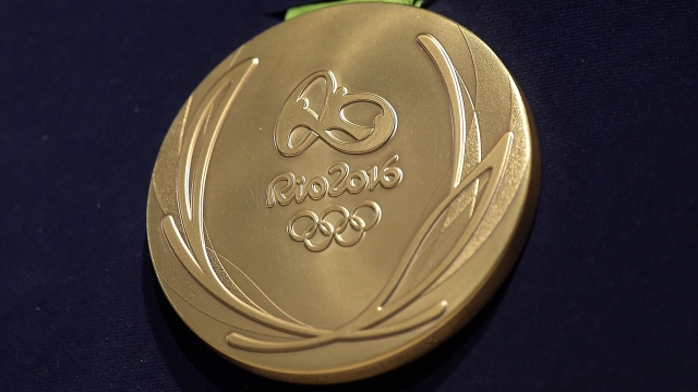 A close-up of the Olympic gold medal during the Launch of Medals and Victory Ceremonies for the Rio 2016 Olympics.