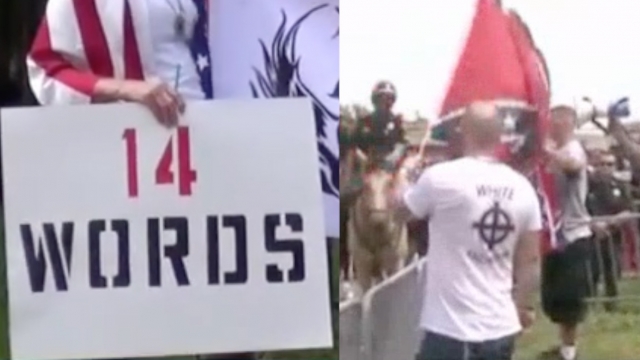 Two photos side-by-side. One says "14 words." The other shows a T-shirt with a white supremacist Celtic cross.