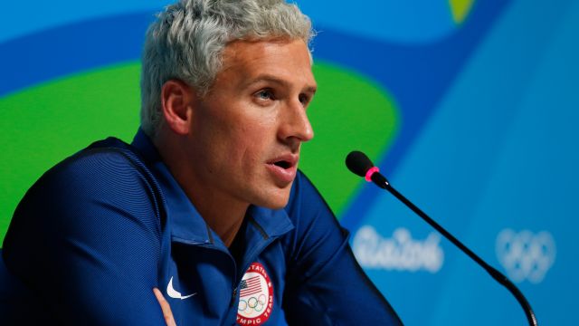 Ryan Lochte speaks during a press conference at the Rio Olympics.