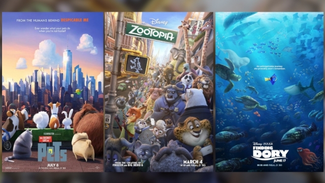 Promotional posters for "Zootopia," "Finding Dory" and "The Secret Life of Pets."