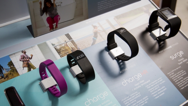 The line of Fitbit products are displayed outside the New York Stock Exchange.
