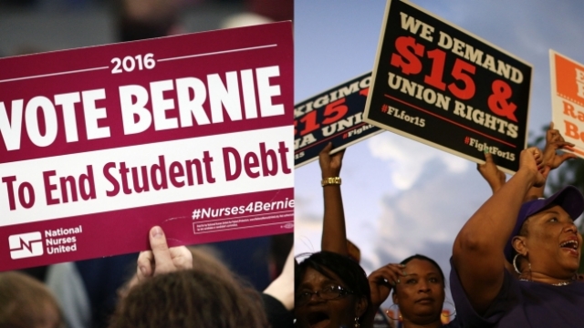 A sign says "Vote Bernie to end student debt" and employees protest for $15/hr. minimum wage.