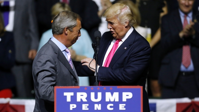 Republican Presidential nominee Donald Trump, right, greets United Kingdom Independence Party leader Nigel Farage.