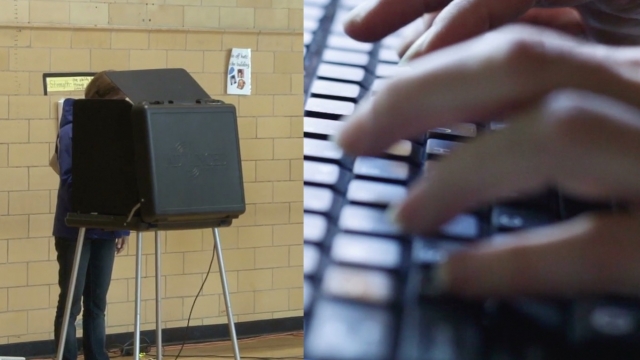 A woman stands behind a voting booth. A split screen image shows a person's hands typing on a black keyboard.
