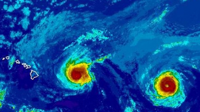 Satellite image of Hurricane Madeline and Hurricane Lester.