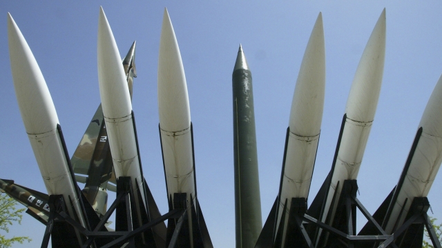 A stack of scrapped missiles displayed at a war museum in Seoul, South Korea.